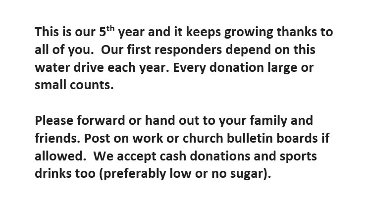 The 5th Annual CERT Water Drive is Saturday, June 2nd from 9 AM - 1 PM at Haltom City Fire-Rescue Station One 5525 Broadway Ave.