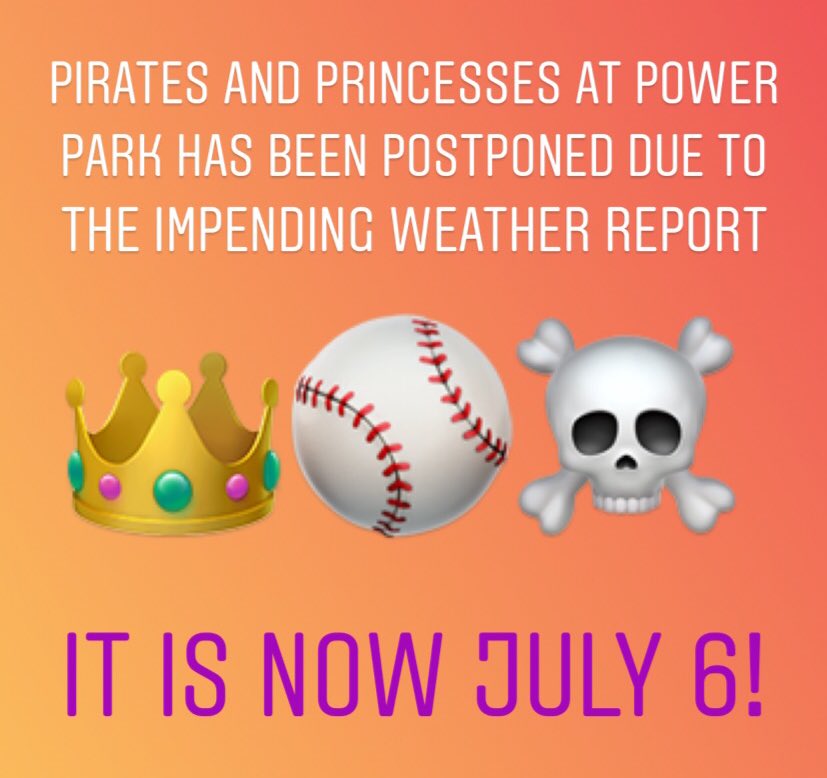 Putnam_Parties's tweet photo. @wv_power has postponed the Pirates &amp; Princesses event this Saturday due to the impending weather report. It has been rescheduled for July 6! https://t.co/5xnUCvdGBr