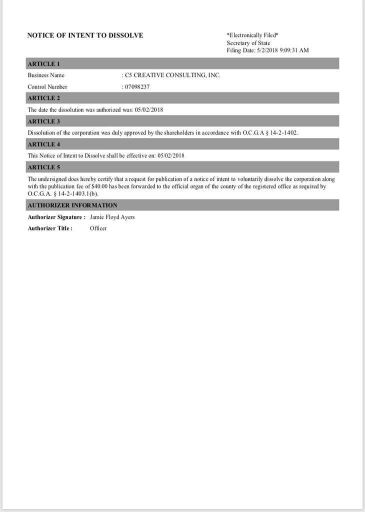 RebeccaBuck's tweet photo. Curious timing: Nick Ayers’ wife yesterday filed a notice of intent to dissolve his firm, C5 ... the same day some damaging new details emerged in the Greitens saga. (H/T @VickyPJWard)
Ayers has been Pence’s chief of staff since July, apparently still with ties to his firm https://t.co/3IG26uCo71