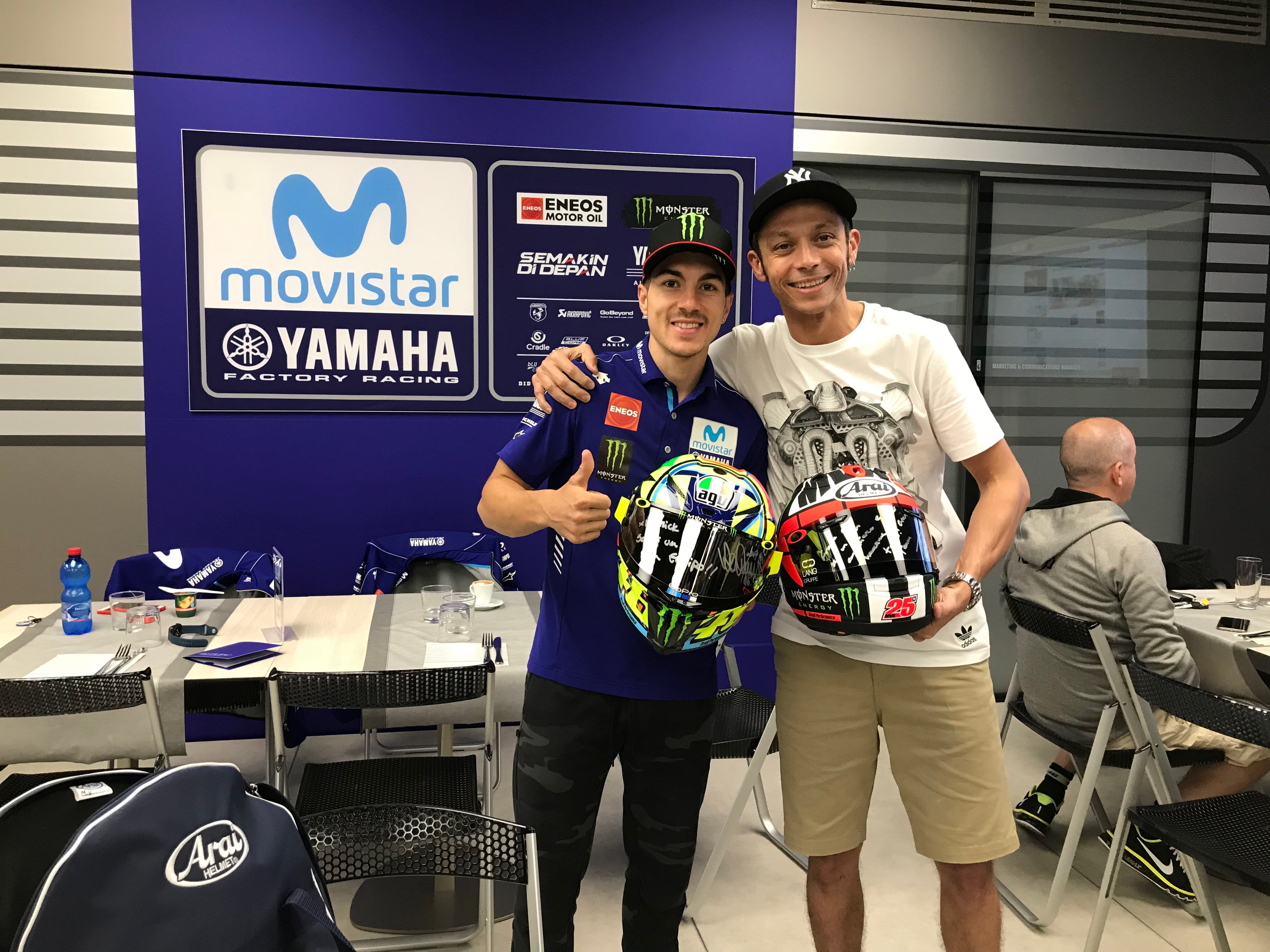 Monster Energy Yamaha MotoGP on Twitter: "Positive vibes in our new  hospitality. @valeyellow46 and @maverickmack25 exchange helmets at the  start of the #SpanishGP weekend. #MovistarYamaha | #MotoGP  https://t.co/ReMn8yivRF" / Twitter