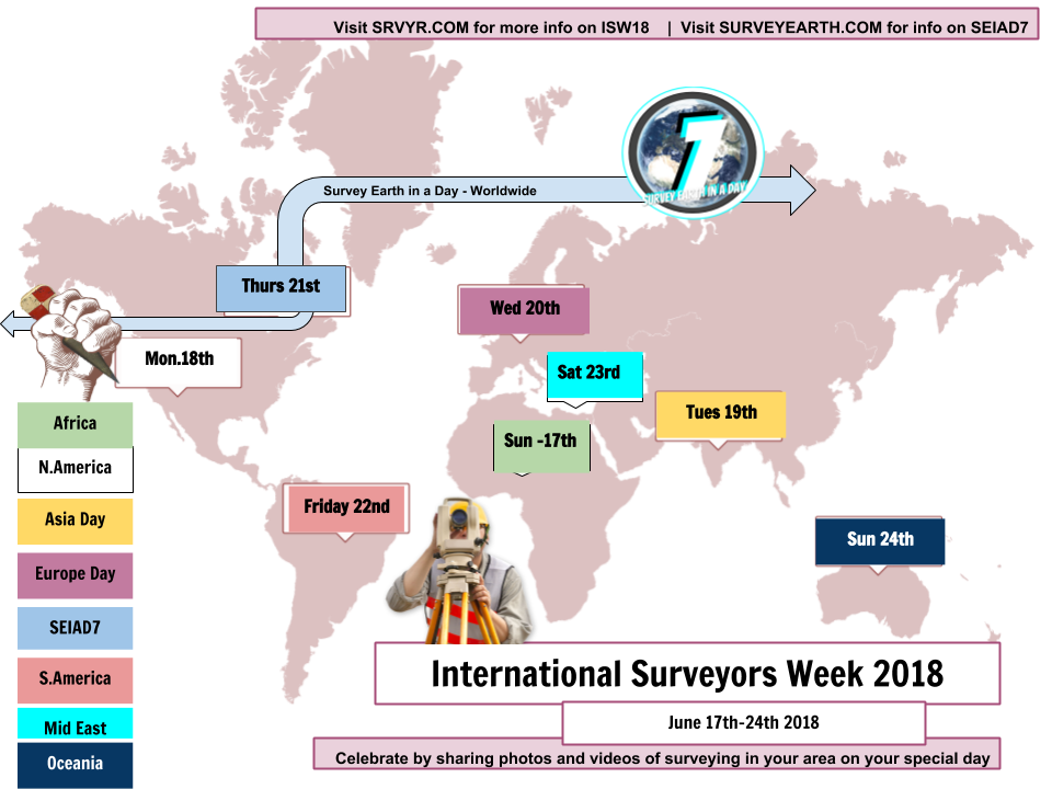 LandSurveyorsU's tweet image. #Surveyors: Are you ready for International Surveyors Week? There is a day of the week for your location for you to use to connect with other land surveyors worldwide!  #ISW18 #SEIAD7 @surveyearth