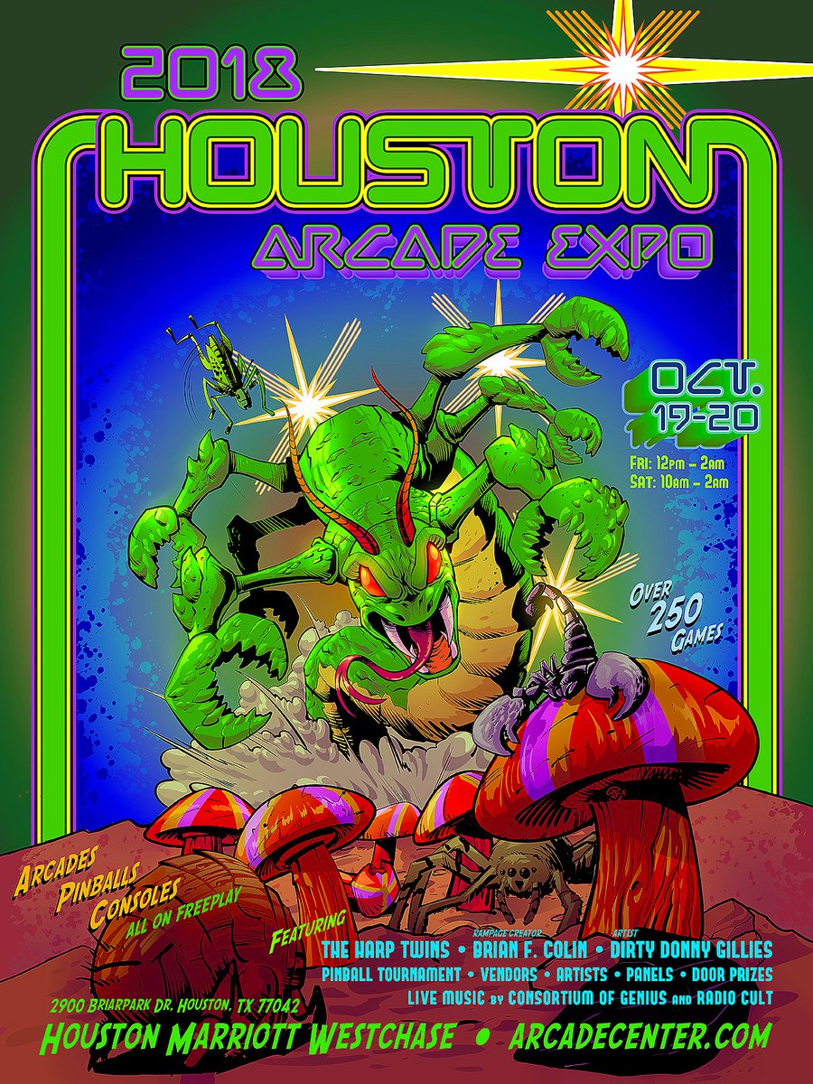 HouArcadeExpo's tweet photo. Kicking off the 2018 Houston Arcade &amp; Pinball Expo right with our rocking new flyer by Jose Fernandez &amp; Blake Dumesnil!! Pleaase re-tweet this as much as  you can! cheers! https://t.co/zJFYbf9wOM