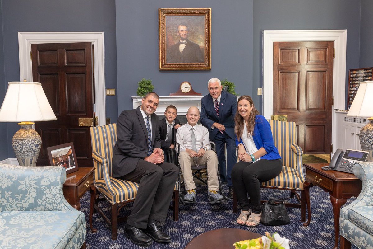 VP45's tweet photo. Today, I met Levi Delimpo, a brave young man battling bone cancer, whose wish was to visit the @WhiteHouse. On this #NationalDayOfPrayer, please join @SecondLady and me in praying for Levi and his wonderful family. https://t.co/LNqSjHvGLz