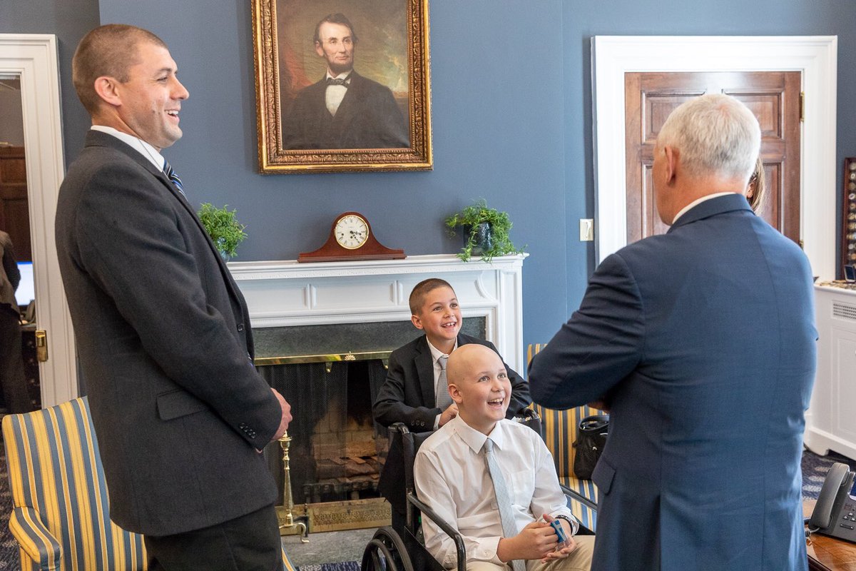 VP45's tweet photo. Today, I met Levi Delimpo, a brave young man battling bone cancer, whose wish was to visit the @WhiteHouse. On this #NationalDayOfPrayer, please join @SecondLady and me in praying for Levi and his wonderful family. https://t.co/LNqSjHvGLz