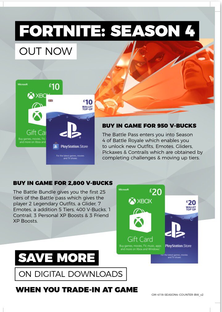 TabbyLoaf's tweet photo. Need to get hold of more #Vbucks for your #Season4Battlepass #Battlebundle or just some cool cosmetics - top up your credit at #Game and you can trade in your old games for even more credit #CheaperWhenYouTrade #FortniteAtGAME #FortniteBattleRoyale https://t.co/haOUh3AqZq