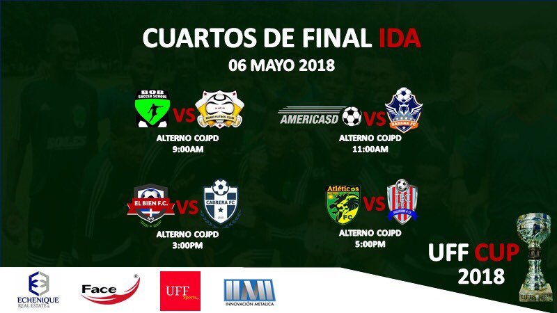 UFFCUP's tweet photo. Este 6 de Mayo inicia la UFF Cup 2018 a partir de las 9:00 AM en el estadio alterno del centro olímpico. @echeniqueyasocs @uffsportsrd #innovacionmetalica #newface #FutbolDominicano #uffcup @FutbolTotalRD @angrudo88 @luisojedard @minuto90rd @Minuto91RD @Tiempodfutbolrd https://t.co/IbTZUvbiZ5