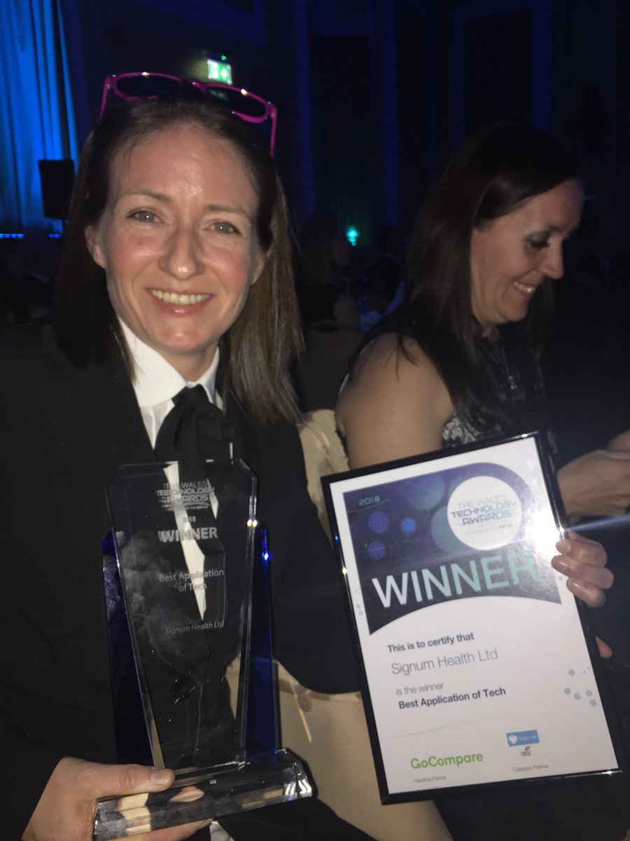signumhealth's tweet photo. We only went and won!! Best tech application!! @TheESTnet #WelshTechAwards @Welsh_ICE https://t.co/FiUWpS5361