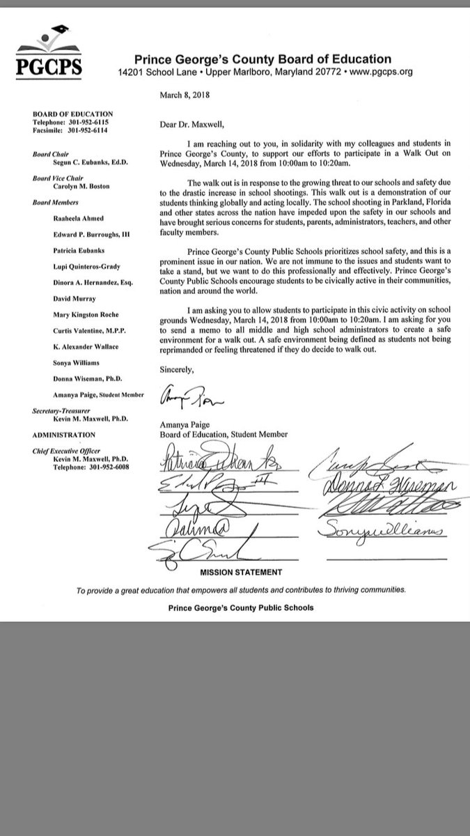 AmanyaPaige's tweet photo. Here is the letter that I wrote to get the walk out approved. I was able to get the majority of the board memebere to sign on, and students were able to walk out and practice their civil right! https://t.co/VoRVfn5dTD