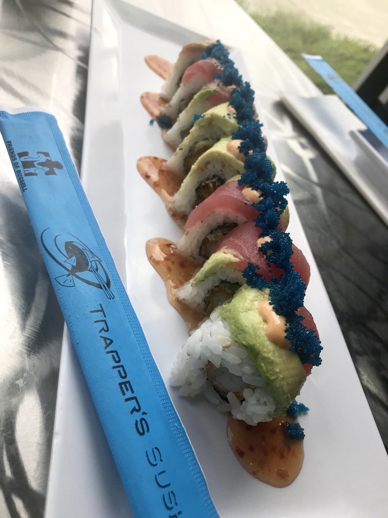 TrappersSushi's tweet photo. ⭐️ Parkland #trapperssushi #NEW #RollOfTheWeek 
•”Happy 1 Year!”
Garlic cilantro sauce, white onion, jalapeño, NEW Crystal shrimp topped with tuna, avocado, warrior sauce and blue masago plated on sweet chili sauce #instagood 
#Drink 21+ •Parkland Strong 1.0! https://t.co/jfj4iONcL9