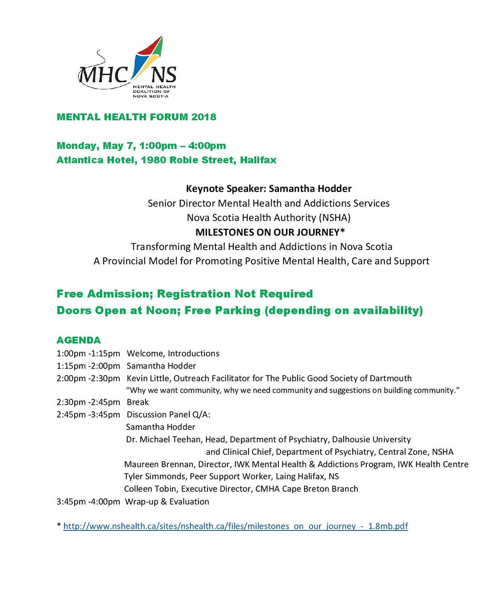 CMHAHalDart's tweet photo. Mental Health Forum 2018, Monday, May 7th, 1pm-4pm, Atlantica Hotel Halifax
Free; Registration not required; All welcome! Please RT
Agenda attached: https://t.co/2vgL0F5iC6
