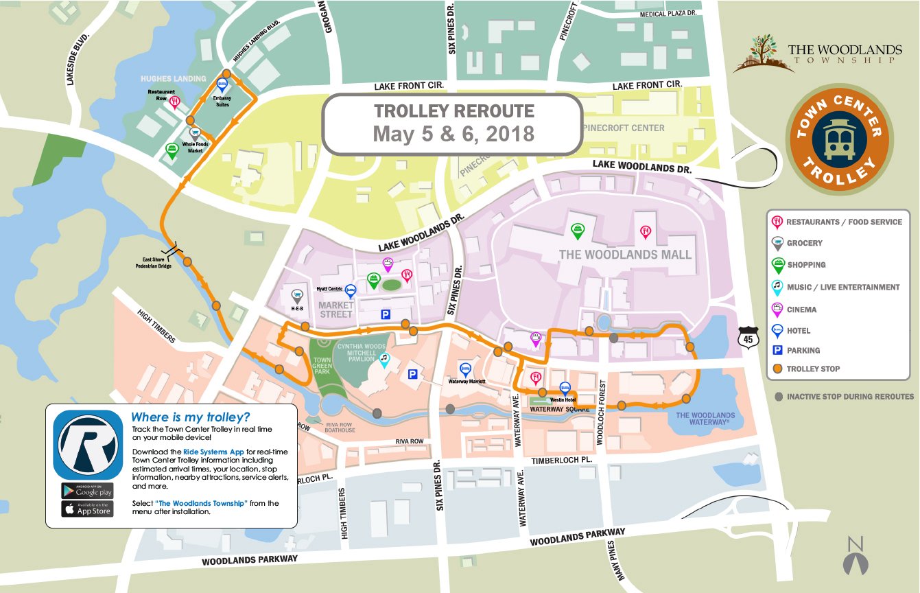 Map Of The Woodlands The Woodlands Transit A Twitter: "Trolley Notice: The #Towncentertrolley  Will Use Alt Route May 5Th-6Th For A Special Event. The Following Stops  Will Be Out Of Service: Woodlands Mall East; Hotel &
