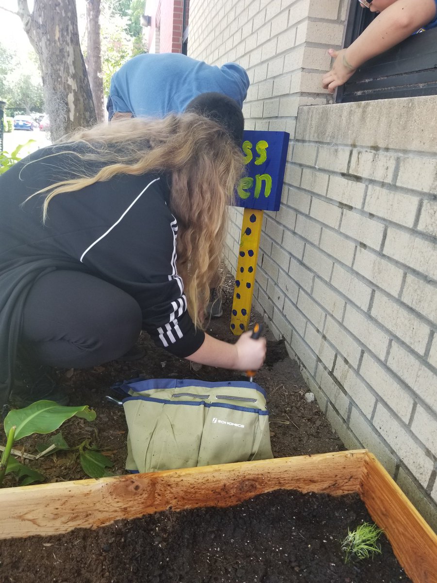 The sign is up and the garden has the first of our seedlings planted! 🙌 One of my students commented on how relaxed he felt gardening. ☺️ #willistonchat #NHCSChat #gardening #classroomwithoutwalls @BethWhittingto2  @erinlynn24 @heatherbmaguire @Jill713 @RonnieVillines