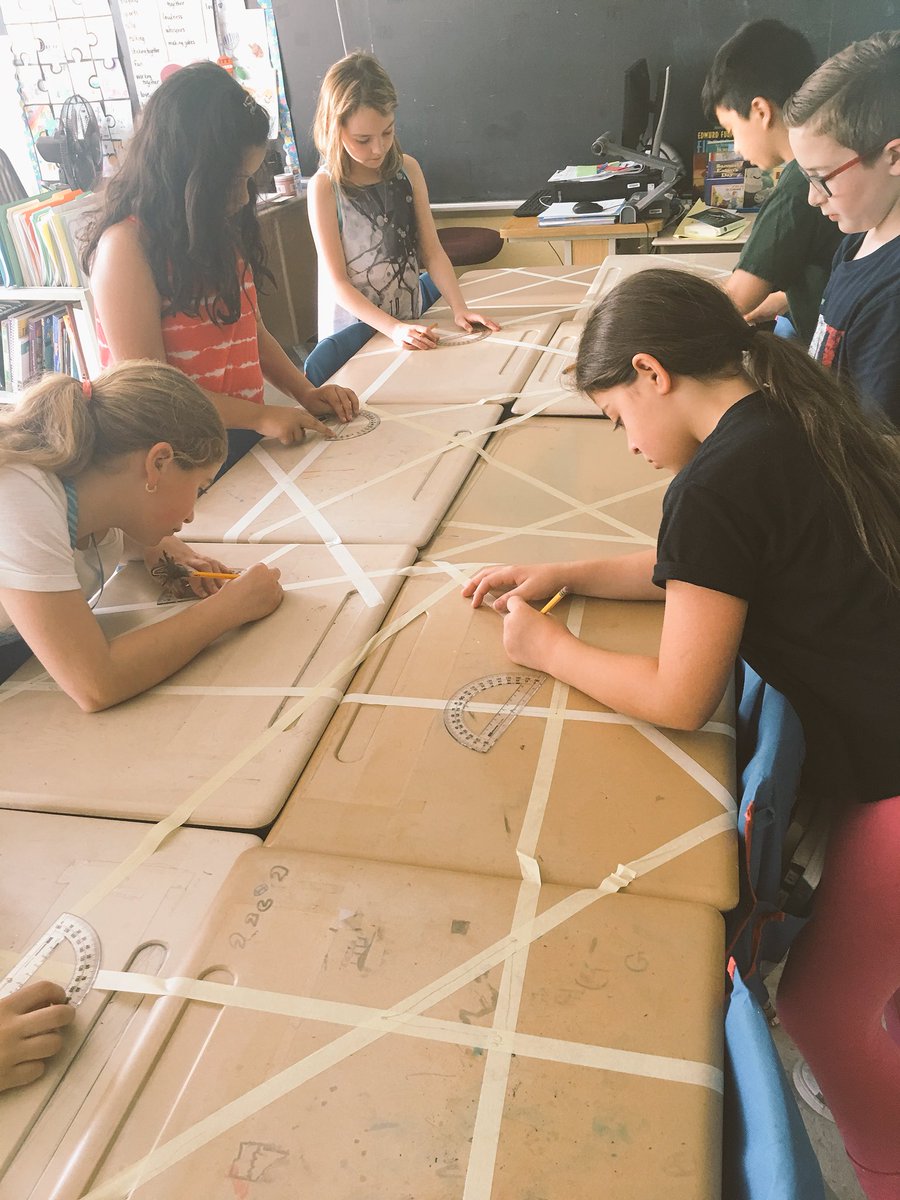 MsHakimian's tweet photo. When you get inspired by awesome teachers on Twitter... this is the outcome! Thank you @MsParrasch for this fantastic idea! Our kiddos came back from music to find their desks all taped up with loads of angles ready to be measured 📐 #ConnectedTeachers #EngagingMathActivities https://t.co/RvU5VliLti
