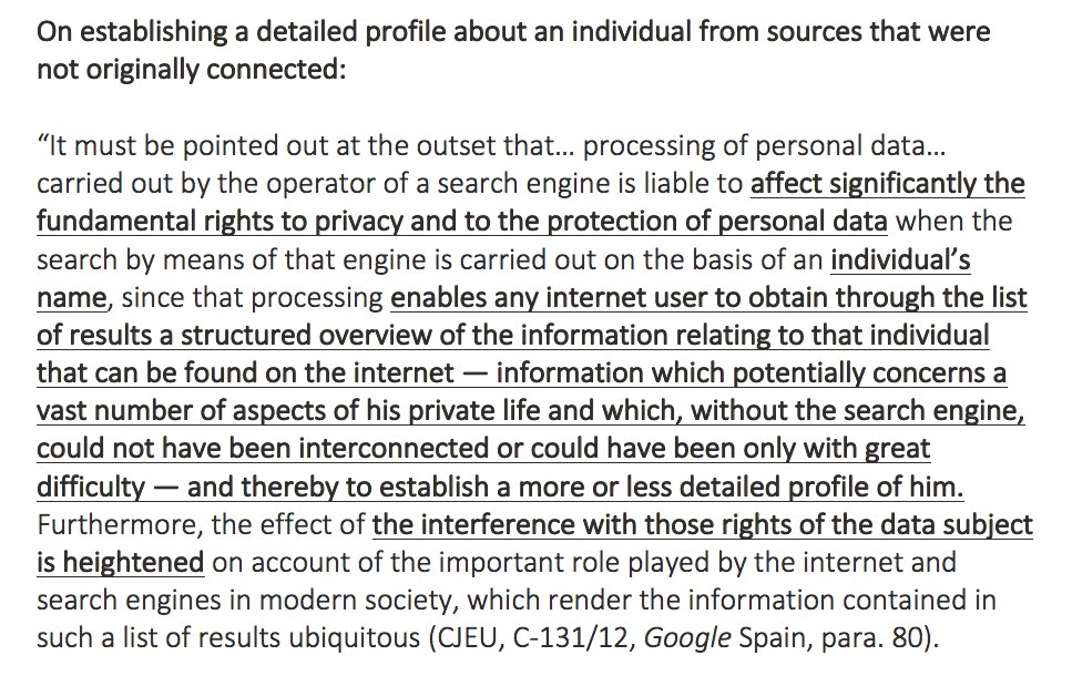 gabrielazanfir's tweet photo. On facilitating the establishment of a detailed profile about an individual from sources that were not originally connected and why this is a "serious interference" with fundamental rights. From the CJEU:
#GDPRCountdown #KnowYourCaseLaw #IdentifyingRisks #EUDataP https://t.co/UsTJyRLj90
