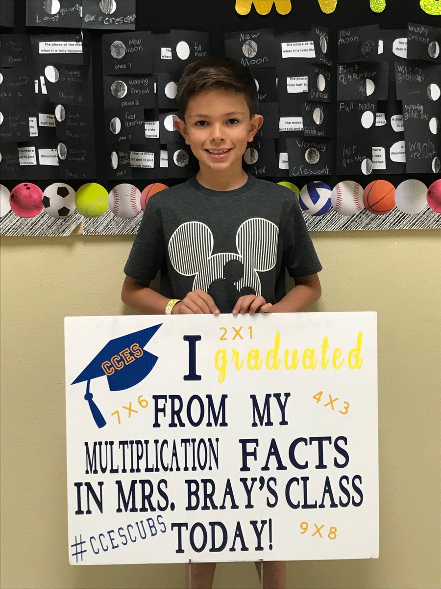 JulieAnnBray2's tweet photo. Congratulations to this young man who has mastered his multiplication facts. I love how he loves math!!  #mathrockstar   #ccescubs https://t.co/tidxJnrGpX