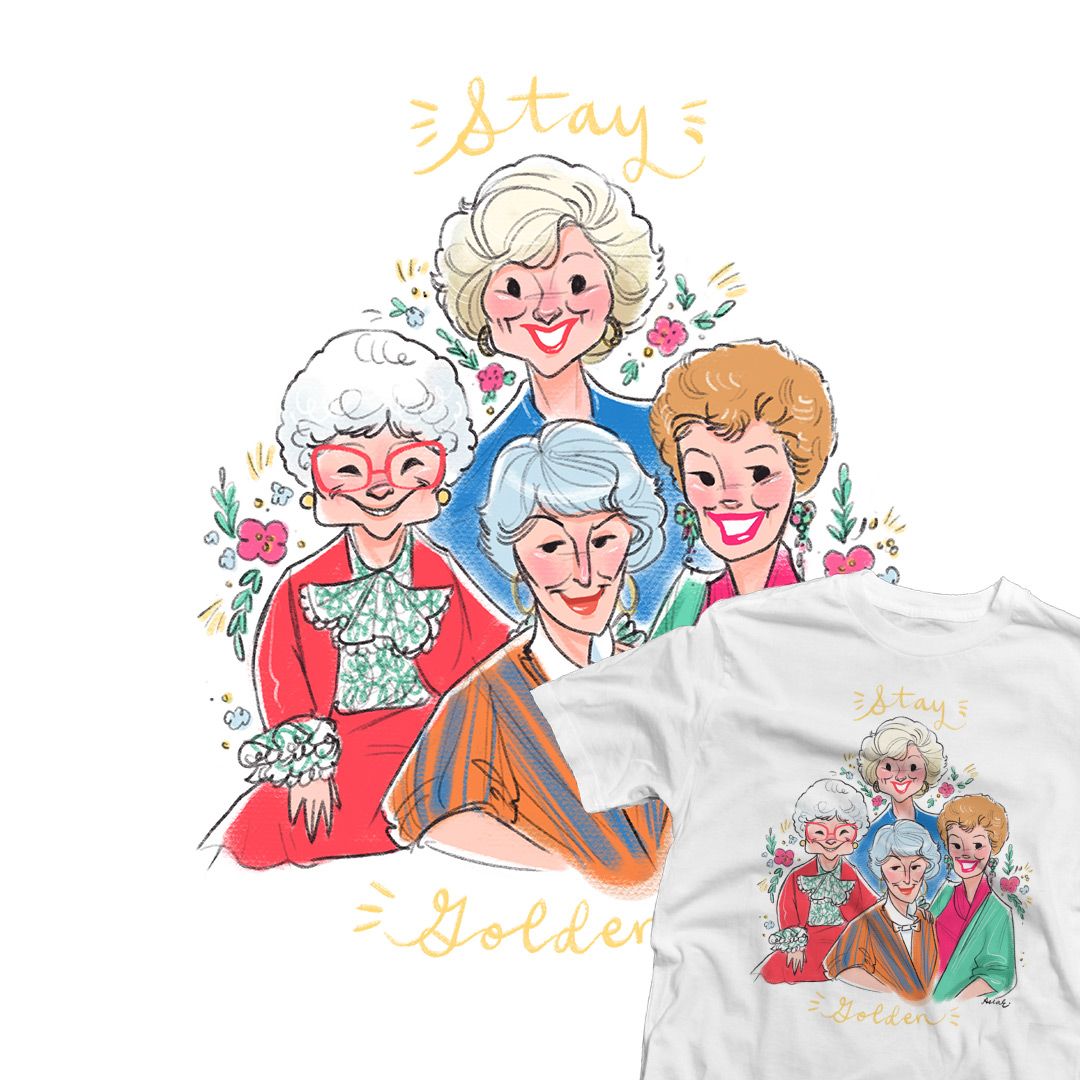 teefury's tweet photo. DAILY TEE | Get “Stay Golden!” by #asiadraws for $12 today only at #TeeFury! ⚡️ Shop now: https://t.co/3cKpRWbPqK https://t.co/d1JsPPoe6L