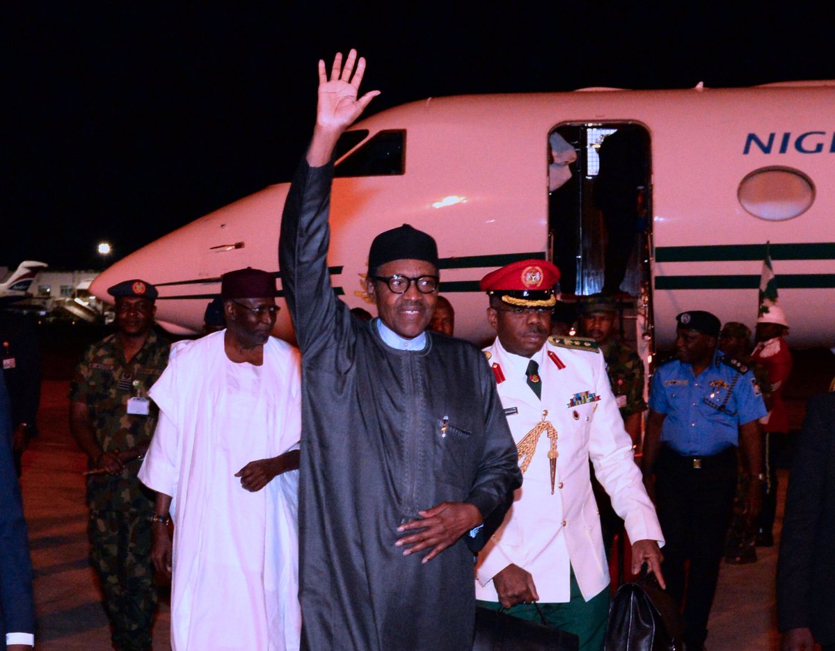 NigeriaGov's tweet photo. President @MBuhari has returned to Abuja after a working visit to Washington, the United States. #PMBinDC https://t.co/M8Zs84wJUp