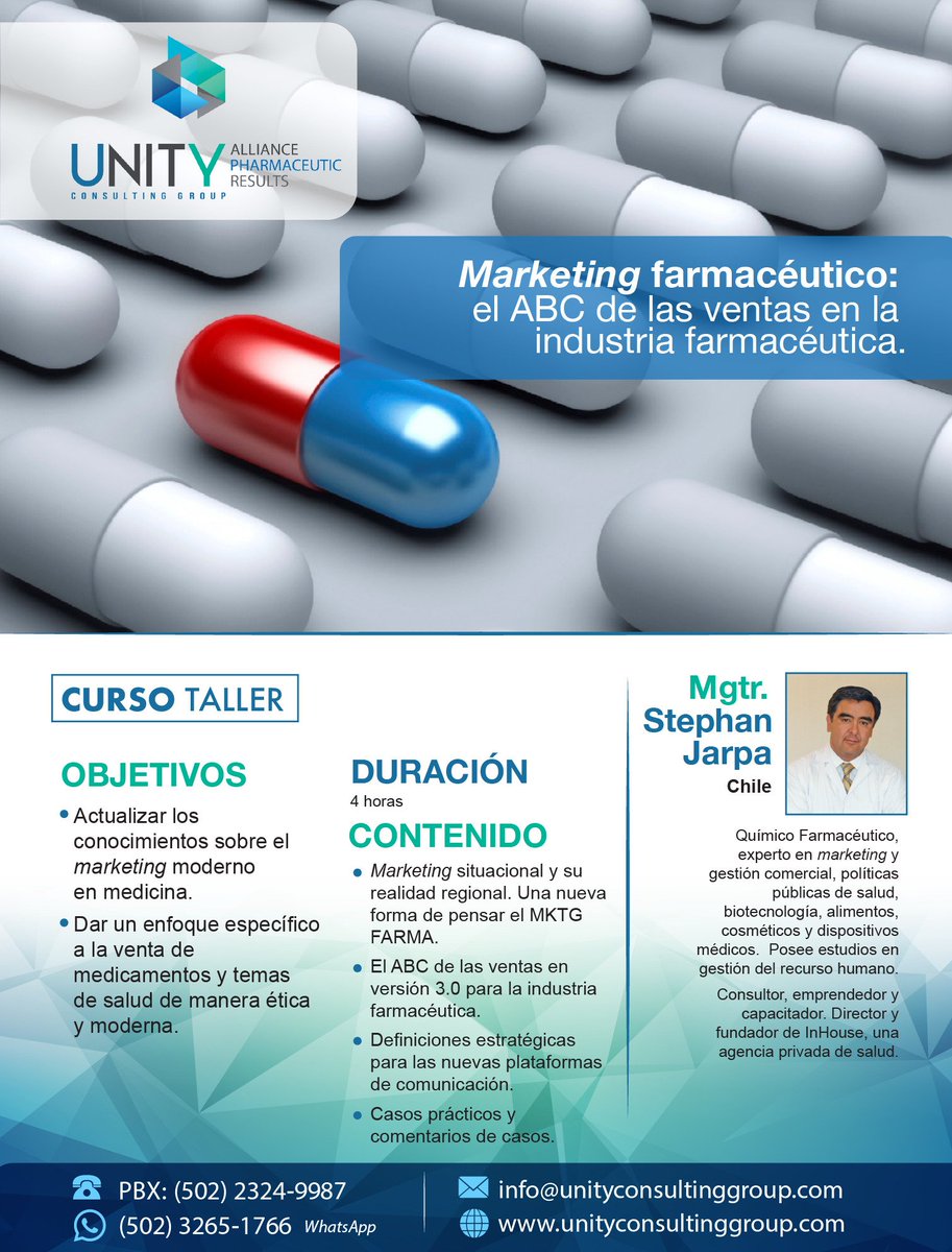 UnityConsGroup's tweet image. ¿Actualizado acerca realidad regional de Marketing Situacional?
Curso taller Marketing Farmaéutico: El ABC de las Ventas en La Industria Farmacéutica Jueves 24/mayo De 15 a 19 hr Hotel Clarion Suites
info@unityconsultinggroup.com
23249987
WhatsApp 32651766
#PharmaWeek #Unity