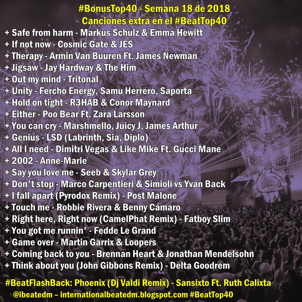 ibeatedm's tweet photo. Canciones recomendadas para la semana 18 de 2018 - ¡Vota por tu favorita! Las que tengan más apoyo, podrían estar en el - #BeatTop40 #BonusTop40 #ExtraTop40 https://t.co/PyyaYM50ta
