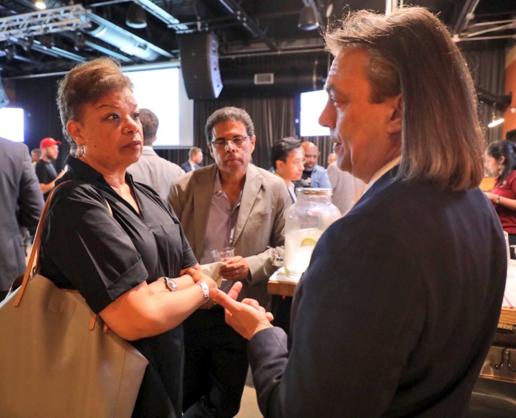 DCOCP's tweet image. OCP Director George Schutter joined Deputy Mayor Courtney Snowden (@DMGEOSnowden) and @SmallBizDC Director Kristi Whitfield (@WhitfieldKristi) in engaging with businesses at DSLBD’s Small Business Networking Mixer. #DCSmallBizWeek #SmallBizDC