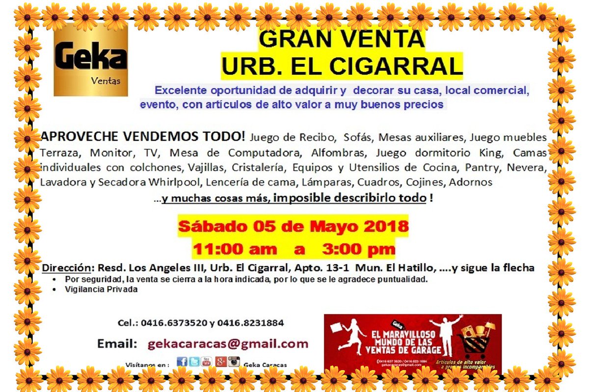 GekaVentas's tweet photo. VENTA DE GARAJE Sábado 05 de Mayo. 11:00 am   a   3:00 pm.  Dirección: Resd. Los Angeles III, Urb. El Cigarral
Ver imagenes
https://t.co/ePkZcLwq9u https://t.co/a0aTYC2MBu