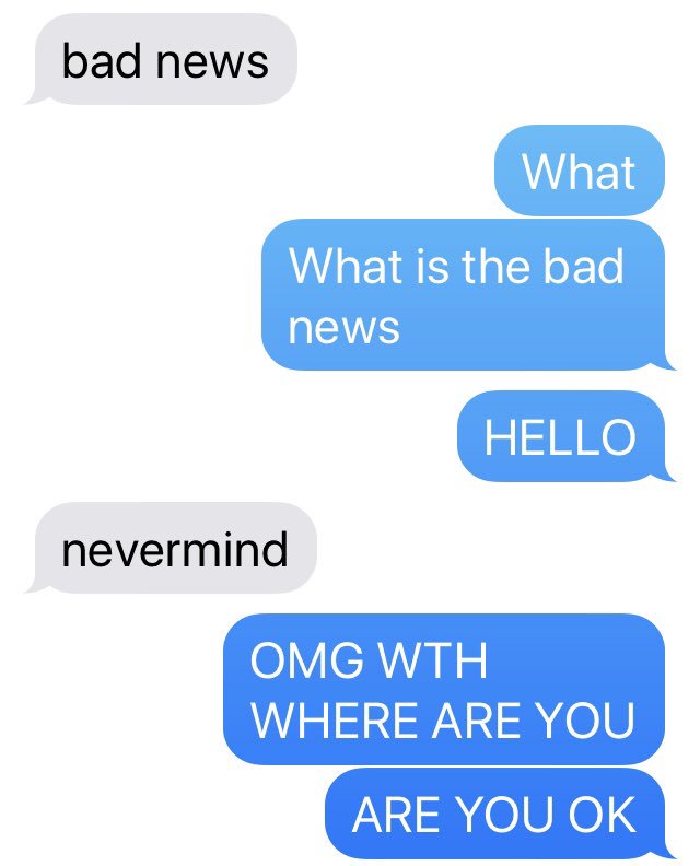 AdvocateMoore's tweet photo. My life summed up in one short text exchange with teen #1. #badnews #teendrivers #mompanic https://t.co/HKvtSBIbLd