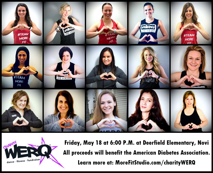 WERQfitness's tweet photo. On Friday, May 18th, join the #Detroit #MI #WERQ crew in raising awareness & donations for the American Diabetes Association. Get ready to #WERQhard, #WERQtogether, & DO GOOD with these #talented #teamWERQ instructors. https://t.co/qkvu93E8UF #ADA #charityWERQ https://t.co/Yelg3ZCFzd