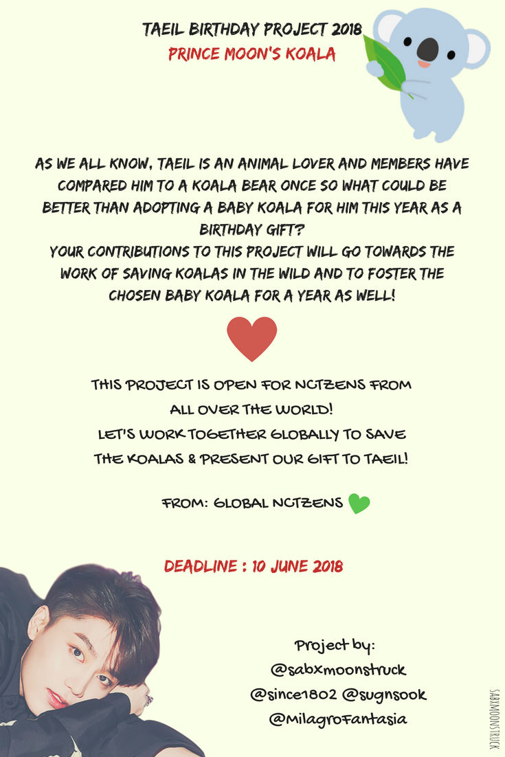 sabxmoonstruck's tweet photo. 💚Hi NCTzens, Taeil's birthday project is officially launched! Thank you for waiting. Let's present our gift well for our #TAEIL~ Thank you for the support! 🌙🐨
Google Form: https://t.co/y6W3S6GcGS
#TaeilBirthdayProject2018 #MoonKoalaProject #PrinceMoonKoala #NCT https://t.co/R97VSkfU2a