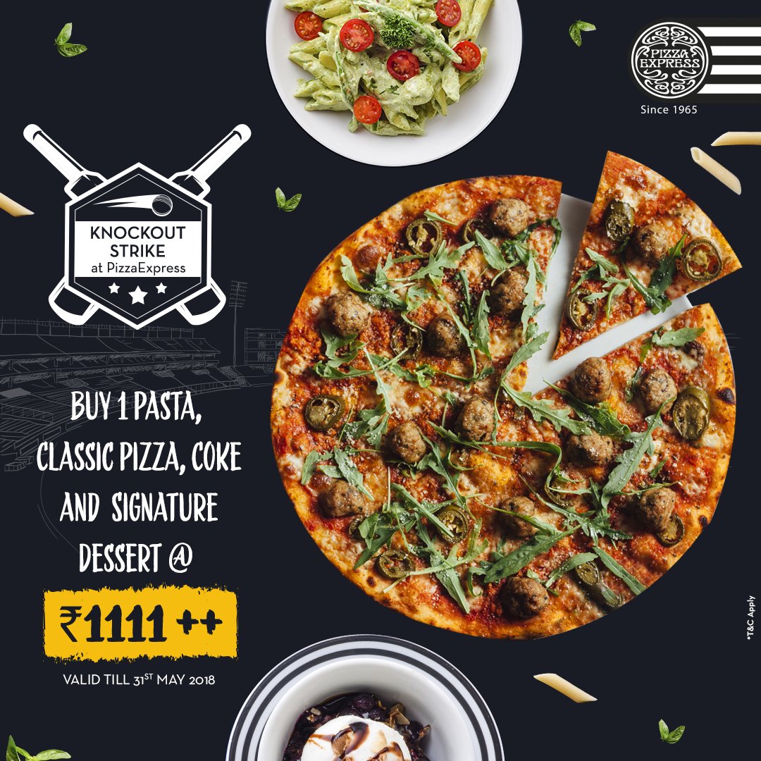 PizzaExpressIN's tweet photo. When hunger strikes, go for a Knockout Strike! Order in your combo before they run out. Offer valid on deliveries for a limited time only. #PizzaExpressIn #IPL https://t.co/Z2G5JMgHqA