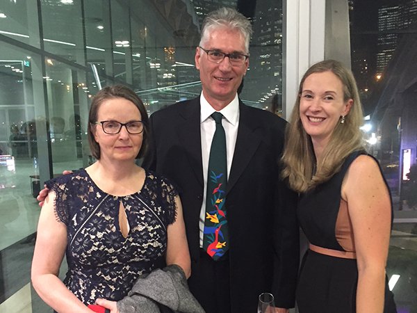 CSIROPublishing's tweet photo. Australian Bird Guide co-author Peter Menkhorst, his wife Barbara and publisher Briana Melideo had a wonderful time celebrating the #ausbirdguide's win at #ABIA2018 last night. Excellent tie, Peter. https://t.co/iaJihvYD6f