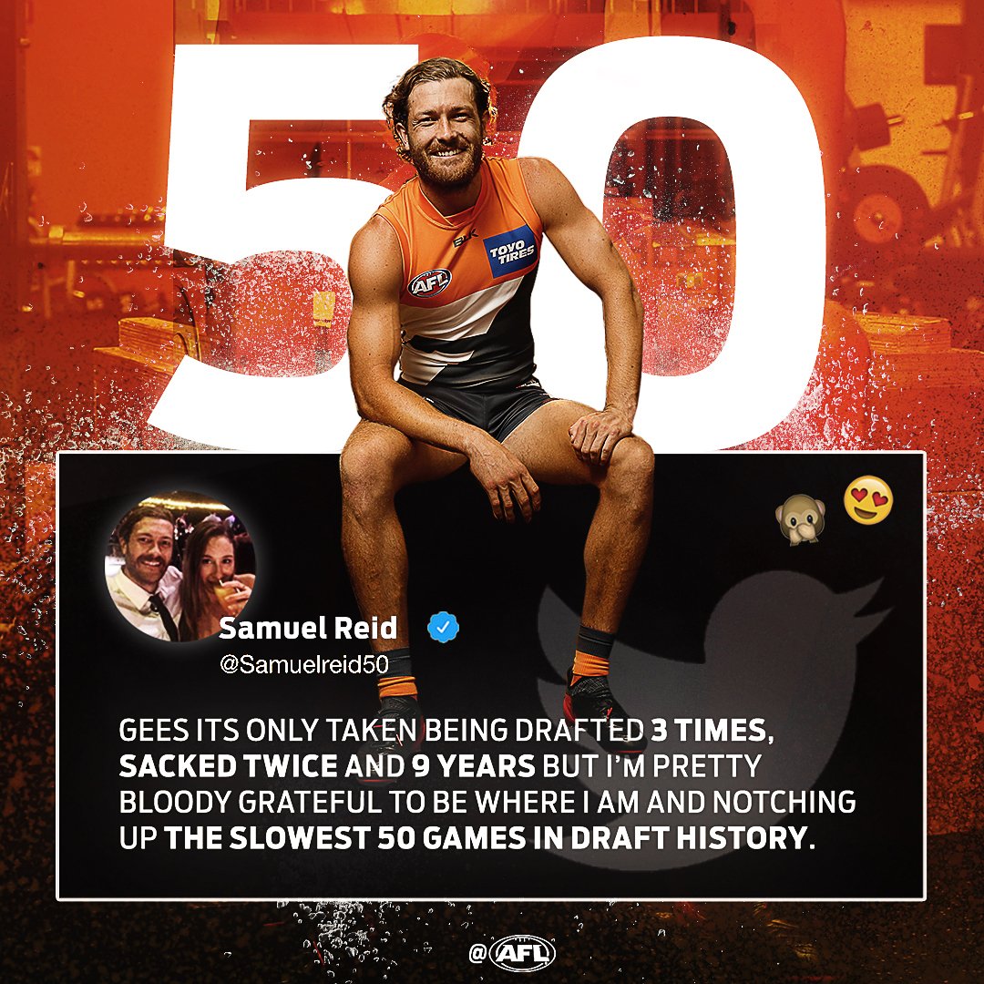 AFL (@afl) on Twitter photo Congrats on reaching 50 games <a href="/Samuelreid50/">Samuel reid</a>! The third longest wait to the half century in VFL/AFL history 🙌 #AFL Congrats on reaching 50 games <a href="/Samuelreid50/">Samuel reid</a>! The third longest wait to the half century in VFL/AFL history 🙌 #AFL