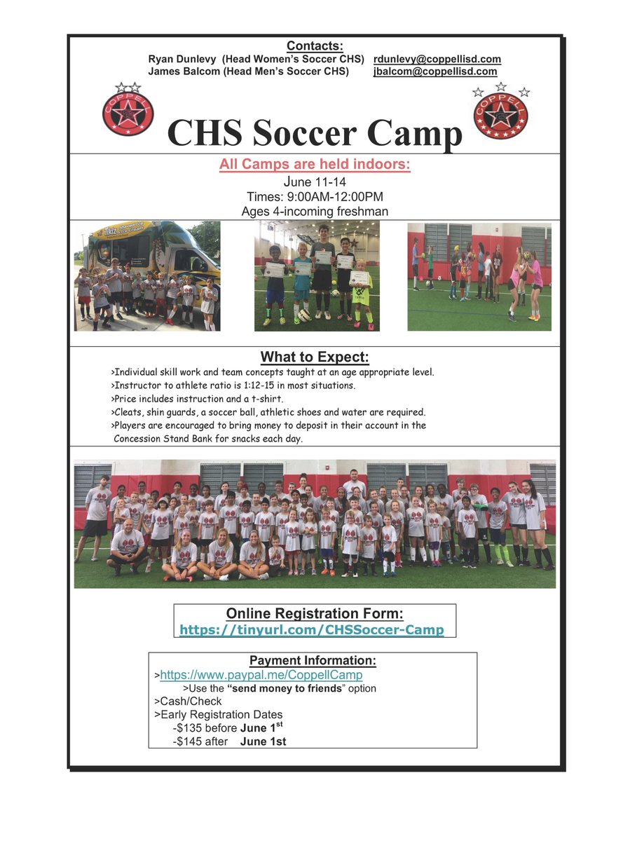 CoppellSoccer's tweet photo. Get your boys and girls signed up for Coppell HS Soccer Camp this summer! Beat the heat in our indoor facility! June 11-14, 9am-12pm. https://t.co/CpaZNAGXej
@CoppellCowgirls @SoccerCoppell @CDA_Soccer @CoppellFC https://t.co/wHx6RwtQBu