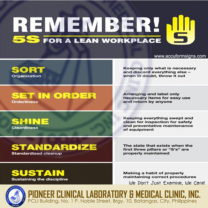 Remember 5S (Sort-Set in Order-Shine-Standardize-Sustain) (y)

We Don't Just Examine, We Care!

✒ Share | Like | Re-post | Comment

#PioneerClinicalLaboratoryandMedicalClinicInc #PCLMCI #PioneerLabPH
#PioneerLab2017 #5S #Sort #SetInOrder #Shine #Stan… ift.tt/2fRhISD