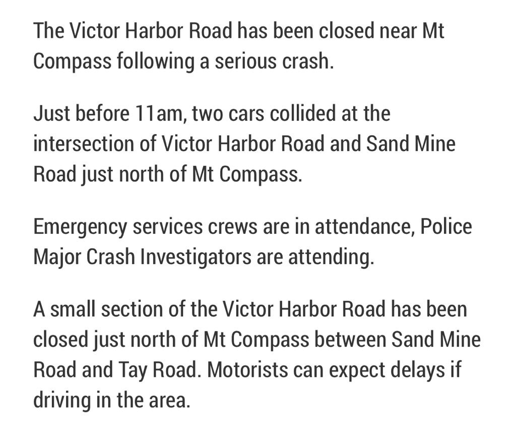 MatthewPantelis's tweet photo. The #VictorHarbor Rd is closed after a two car crash near #MtCompass #FIVEaaNews https://t.co/mywERNM74I