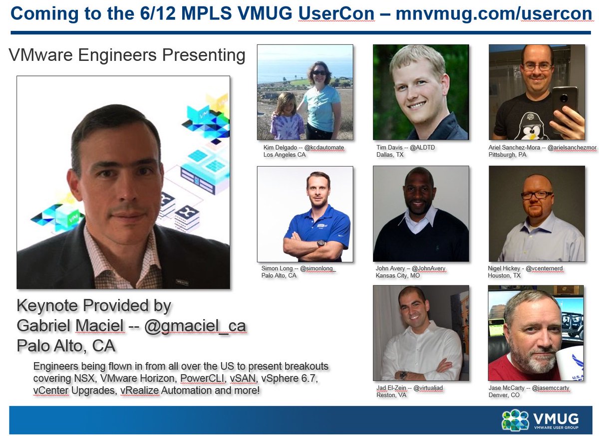 The <a href="/mnvmug/">Minneapolis VMware User Group (VMUG)</a> UserCon on 6/12 is going to be amazing!  Look at all the <a href="/VMware/">VMware</a> talent we have coming! <a href="/gmaciel/">Gabriela Maciel</a> <a href="/KCDAutomate/">Kimberly Delgado (she/her) #VMwareExplore</a> <a href="/SimonLong_/">Simon Long ☁️</a> <a href="/ALDTD/">Tim Davis</a> <a href="/JohnAvery/">John Avery</a> <a href="/virtualjad/">Jad El-Zein</a> <a href="/arielsanchezmor/">Ariel Sanchez Mora @arielsanchezmora@vmst.io</a> <a href="/vCenterNerd/">Nigel Hickey</a> <a href="/jasemccarty/">Jase McCarty</a> -- Register now at mnvmug.com/usercon #mnvmug