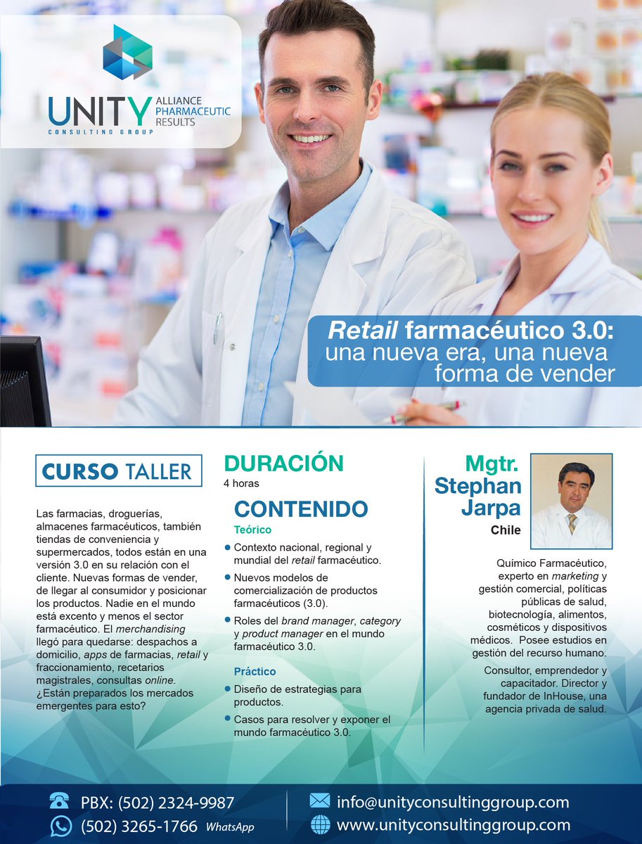 UnityConsGroup's tweet image. Modelos de #comercialización productos #farmacéuticos contexto nacional, regional y mundial
Curso Taller💊💊Retail farmacéutico 3.0
Viernes 25/mayo de 8 a 12 horas
Hotel Clarion Suites
info@unityconsultinggroup.com
(502)23249987 WhatsApp (502)32651766 #PharmaWeek #Unity #Retail