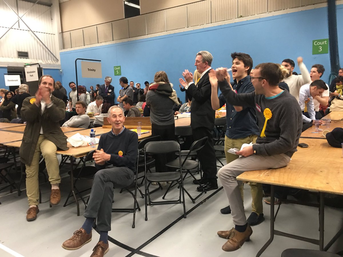 KateTracey12's tweet photo. The @LibDems have gain two seats from the Conservatives in Dundonald Ward @Merton_Council and their joy at the result could be heard all around Merton! #MertonCount #LondonElections2018 #SWLCE2018 https://t.co/i9RXFMweQI