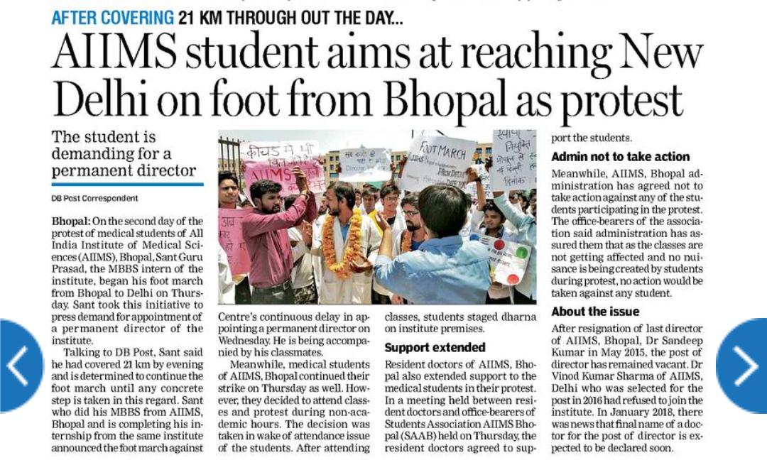 Himansh84860653's tweet photo. Let our voices be heard. #WPFD2018  
Students Foot March from Bhopal to DELHI In demand of a permanent Director.  #GandhiofAIIMS #AIIMSneedsDirector #Walktodelhi @PMOIndia #NarendraModi @MoHFW_INDIA https://t.co/afGco2m0AK