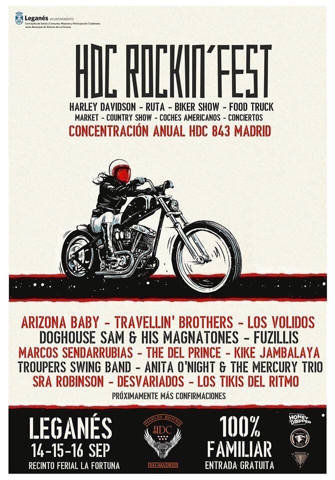 HDC-843Madrid, 14-15-16 de Sep Leganes.
Marcos Sendarrubias, Los Vólidos, Anita O'Night and  Mercury Trio, Kike Jambalaya, Desvariados, SRA.ROBINSON, Tikis Del Ritmo, The Fuzillis, Doghouse Sam &amp; his Magnatones, Travellin Brothers, Arizona Baby, The Troupers SB y The Del Prince.