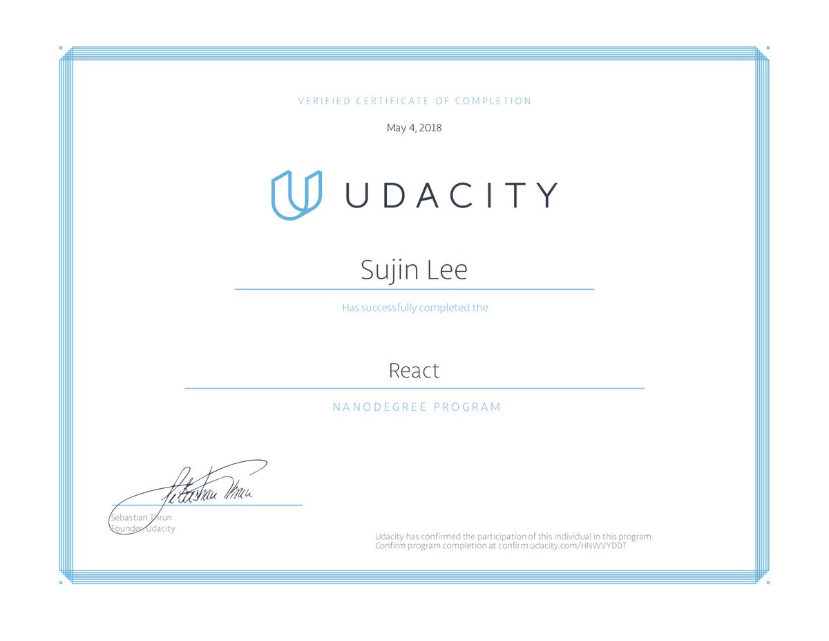 sujinleeme's tweet photo. 🎉 @Udacity's #ReactNanodegree makes me a React Software Engineer!  I am so happy to complete all projects and received a certificate today.  🎉 Previously, I was a junior product manager. Don't hesitate to start your new challenge. You can make it! 💪 https://t.co/NJ7PxWYtIX