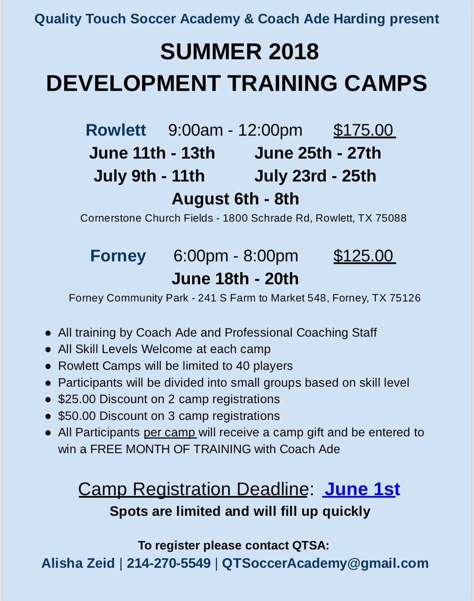 QTSoccerAcademy's tweet image. Register now, only 40 spots are available due each camp week! Spots will go quick!