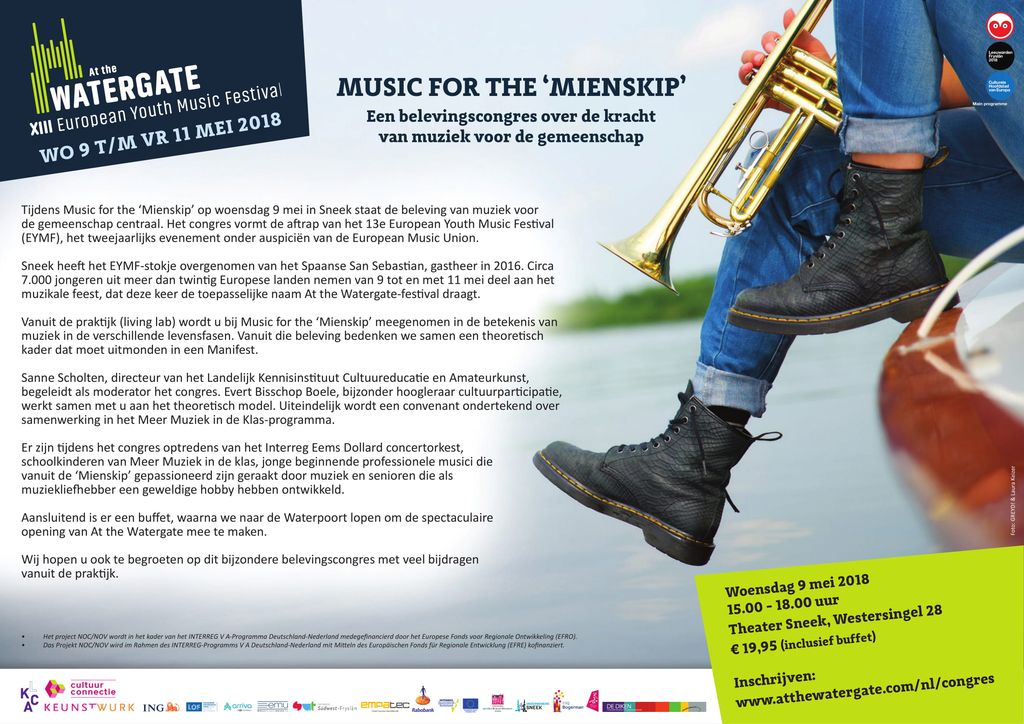 Voorafgaand aan de grote openingsconcert van het festival op 9 mei, beginnen we met een bijzonder belevingscongres over de betekenis van muziek in de verschillende levensfasen.
Bij deze nodigen we iedere belangstellende van harte uit! 
#atthewatergate #cultuur #congres #mienskip