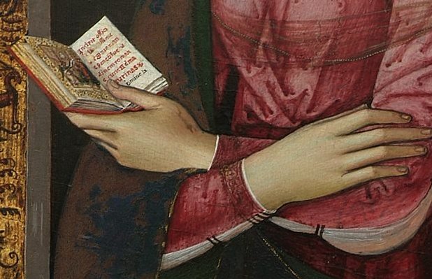 GalleriaNazUmbr's tweet photo. #IlMaggioDeiLibri: in questo particolare della #PaladiSantaMariadeiFossi di #Pintoricchio,una bellissima Maria sta leggendo, un attimo prima di accorgersi dell'annuncio dell'Arcangelo Gabriele. Il libro che tiene in mano ha una pagina miniata con una scena di Annunciazione. https://t.co/uyAp029mQS