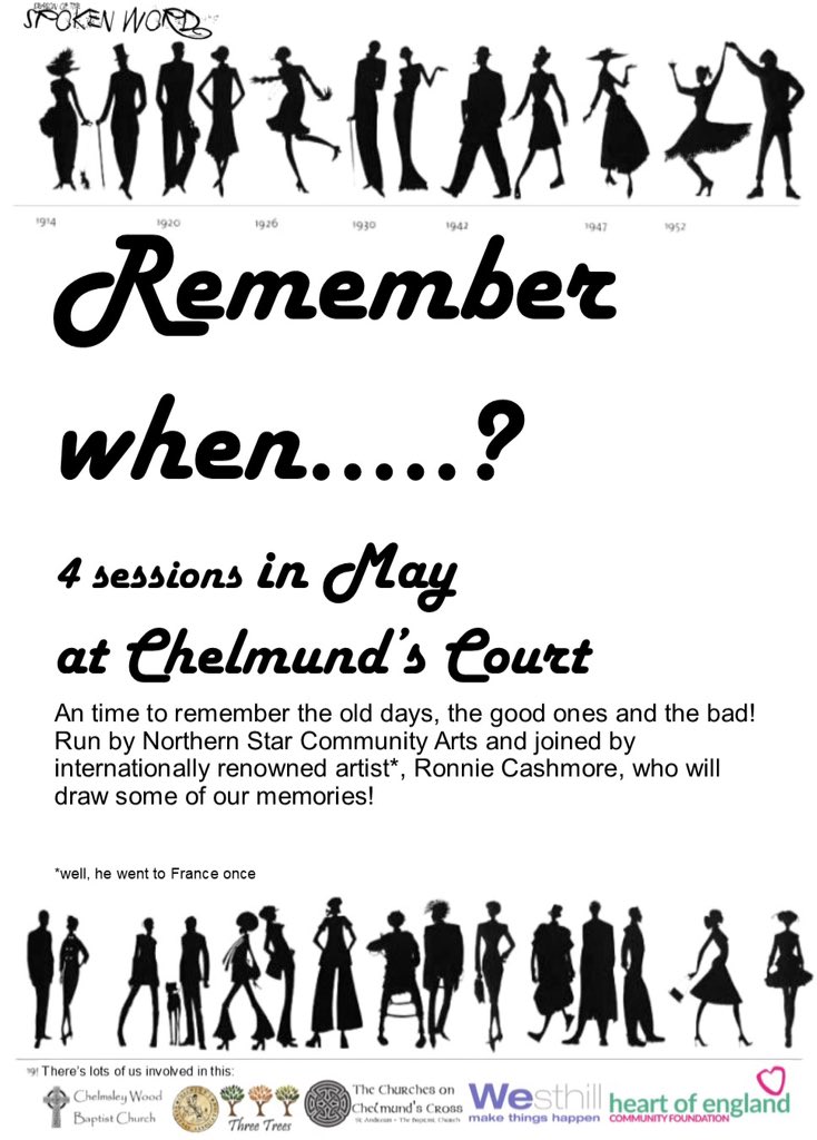 angelsinthewood's tweet photo. @ChelmundsCross @NSSingers @StAndrewsCWood @NStarArts @CeolmundW @windy_arbor @Marvellousmaker @mycoopfood Glad you asked coz we forgot to tweet this! We start the Season today at Chelmund's Court doing some reminiscing work with the wonderful @NStarArts and local artist Ronnie Cashmore. Thanks to support from @WesthillCharity @HoECF https://t.co/u2zpsTWtSD