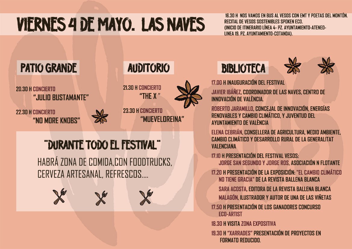 lanflotante's tweet photo. 📣¡ Hoy empieza @festivalvesos ! 
🎶Para los melómanos, de 20:30 a 00:30 h, tendremos los conciertos de @juliobustamant , @NoMoreKnobs , @thexmusic y @mueveloreina .
📍@LasNavesINN (C/ Joan Verdeguer, 35)
[ENTRADA LIBRE] 

#FestivalVESOS2018 #VESOS2018 #Música https://t.co/4JNcdLzNyj