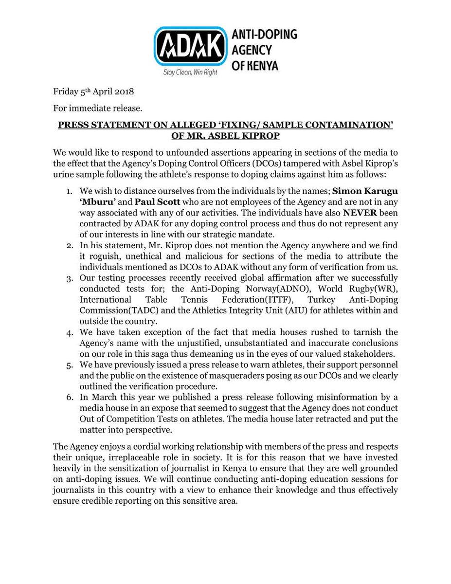 Our statement on the <a href="/KipropAsbel/">Asbel Kiprop 3:26 OLY OGW</a> issue #StayCleanWinRight