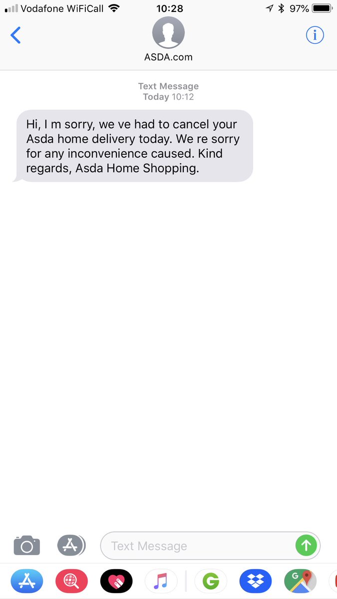 RPMagicLaughter's tweet photo. On the day of delivery I receive this text message from @asda . I have spent 40 minutes waiting to speak to someone. #poorcustomerservice @AsdaServiceTeam https://t.co/sErmqlTTIQ