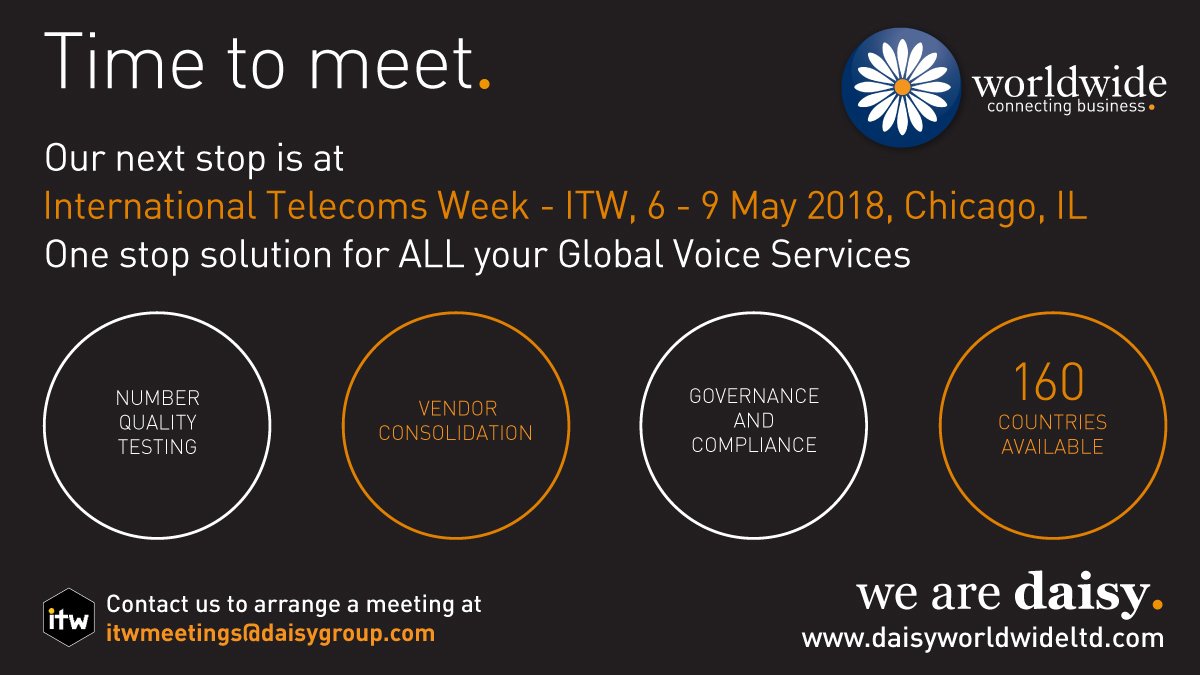 See you at the <a href="/ITW_Telecoms/">ITW - a techoraco brand</a> #InternationalTelecomsWeek next week. Set up a meeting with us by emailing itwmeetings@daisygroup.com. #ITW2018 #FridayFeeling