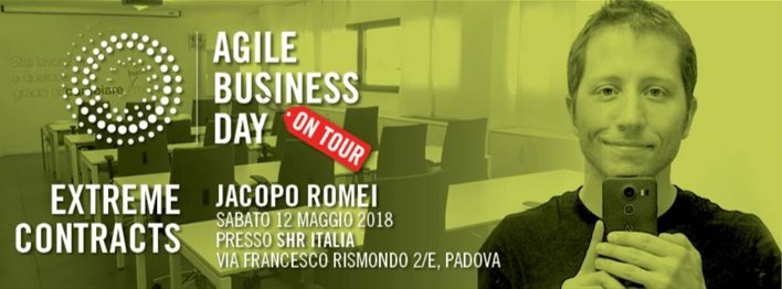 #ABDonTour: tutto pronto per la prossima tappa. Il 12 Maggio a Padova si parlerà di Extreme Contracts, in compagnia di Jacopo Romei. Prenota il tuo posto: goo.gl/2zXdA8 @agilebusinessda #Agile #business #contract