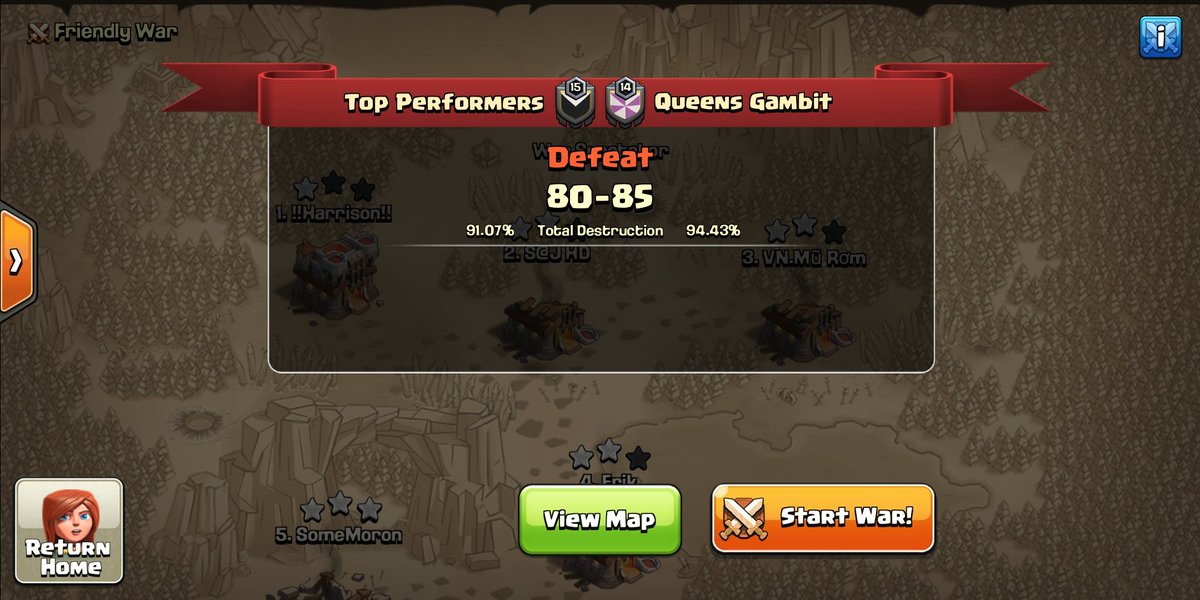 2 missed 11s attacks from our side , apparently someone didn't have enough gem to gem a spell🌚👀
Wouldn't have changed the outcome though.
That was a nice war <a href="/QueensGambitCOC/">Queens Gambit</a> GL and GG.
Go win that title , you have our support!